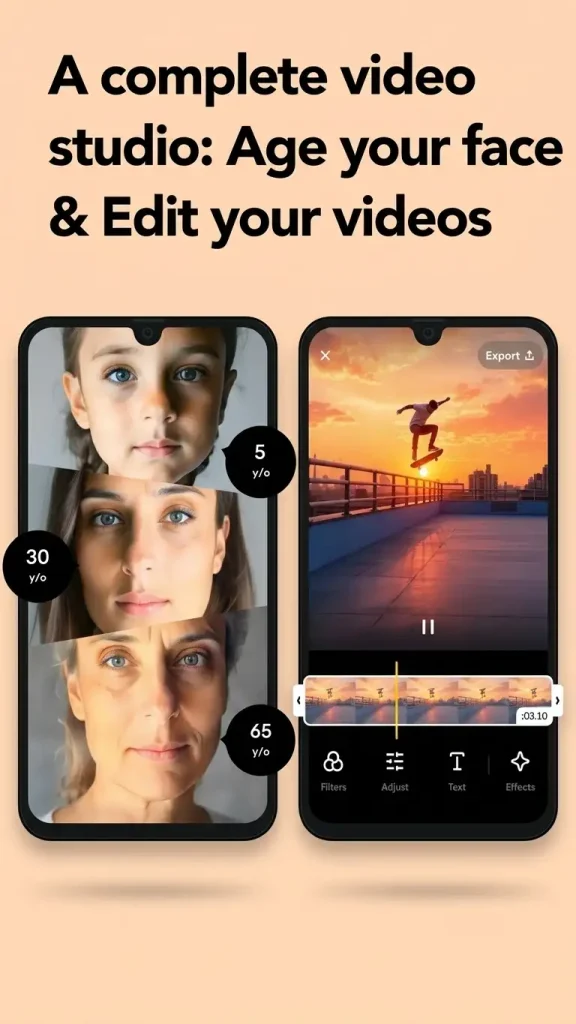 Remini app age timelapse video and video editing mockups.