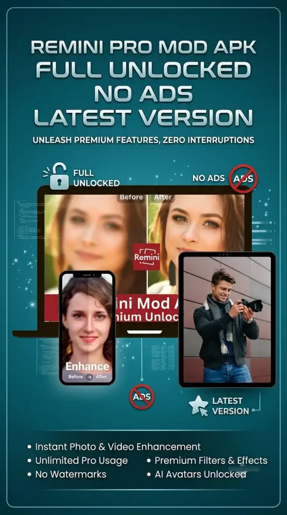 Remini Pro Mod APK poster showing full unlocked premium features, no ads, and photo enhancing preview on mobile, laptop, and tablet screens.

Remini Apk Mod