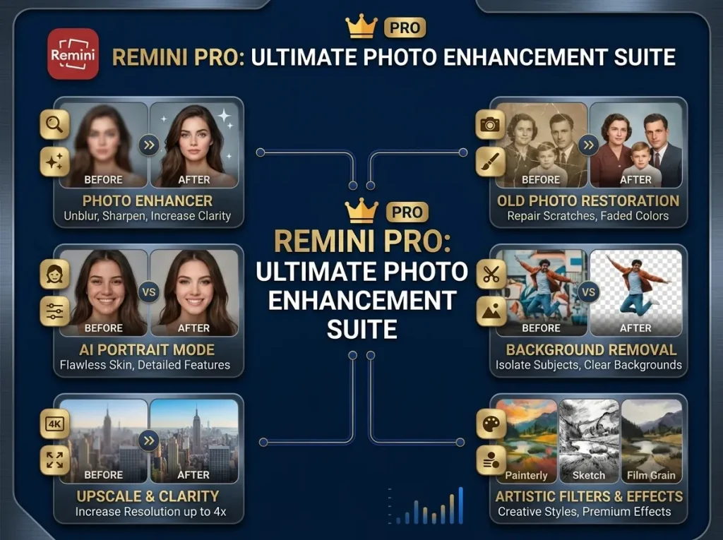 An infographic showing Remini Pro features including Photo Enhancer, Old Photo Restoration, AI Portrait Mode, Background Removal, Upscale and Clarity, and Artistic Filters.
