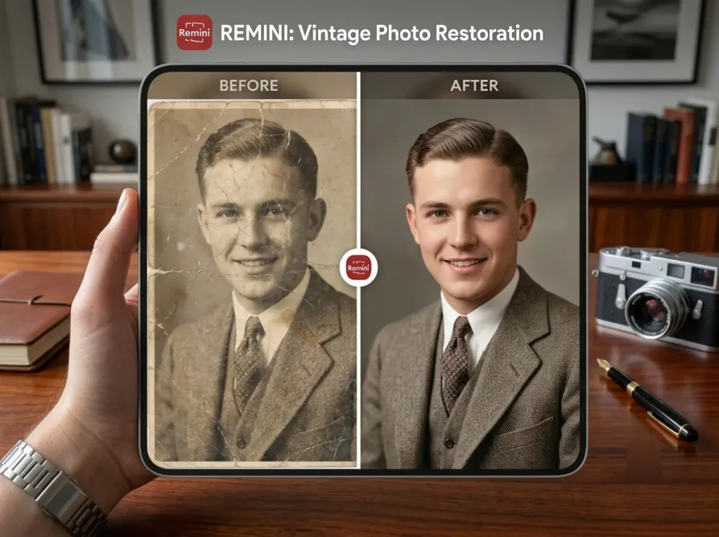 Hands holding a tablet showing a before and after restoration of a vintage male portrait using Remini AI Photo Enhancer.