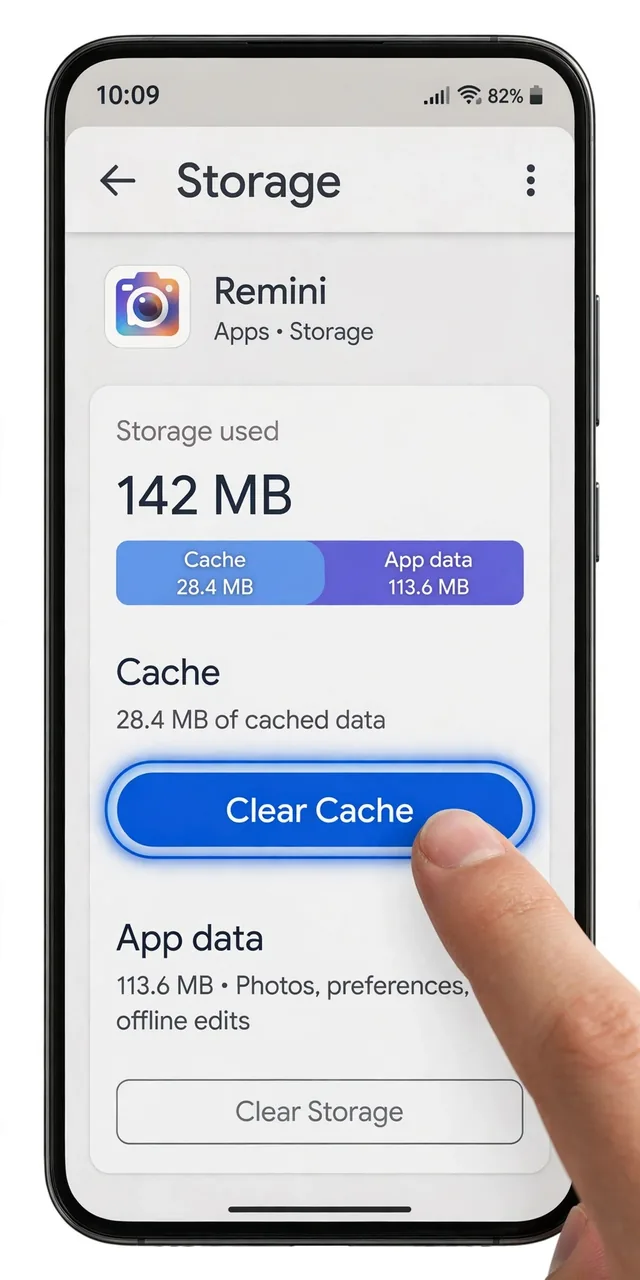 Clear the Remini app cache on Android to fix Remini Oops error