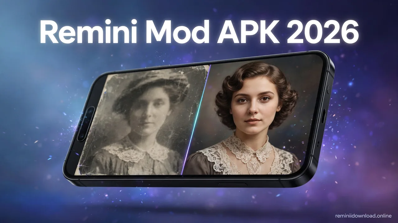 Remini Mod APK hero — AI photo enhancement before and after on a smartphone
