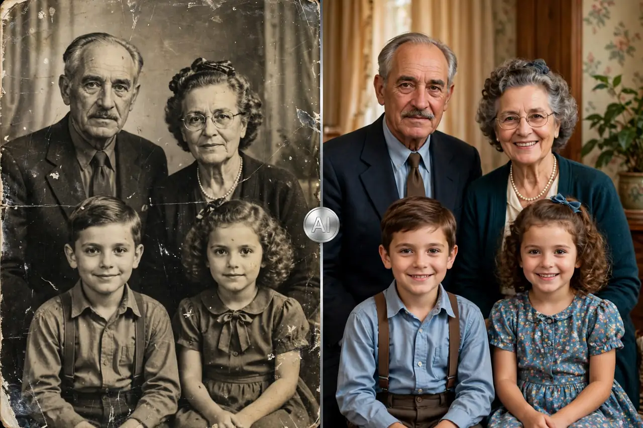 Before and after results showing how to use Remini app for old photo restoration