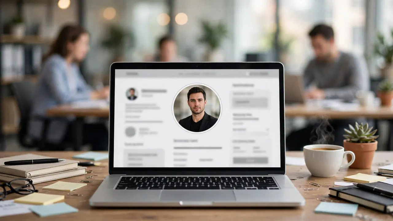 A finished portrait from remini ai headshots used as a LinkedIn profile photo on a laptop screen