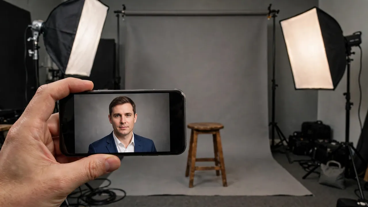 Comparing remini ai headshots on a phone with a traditional studio portrait session and camera setup