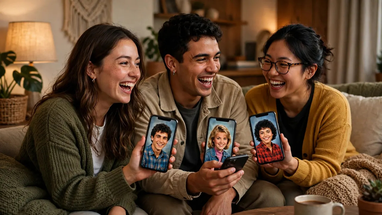 Friends comparing their Remini AI Yearbook photos side by side on their phones