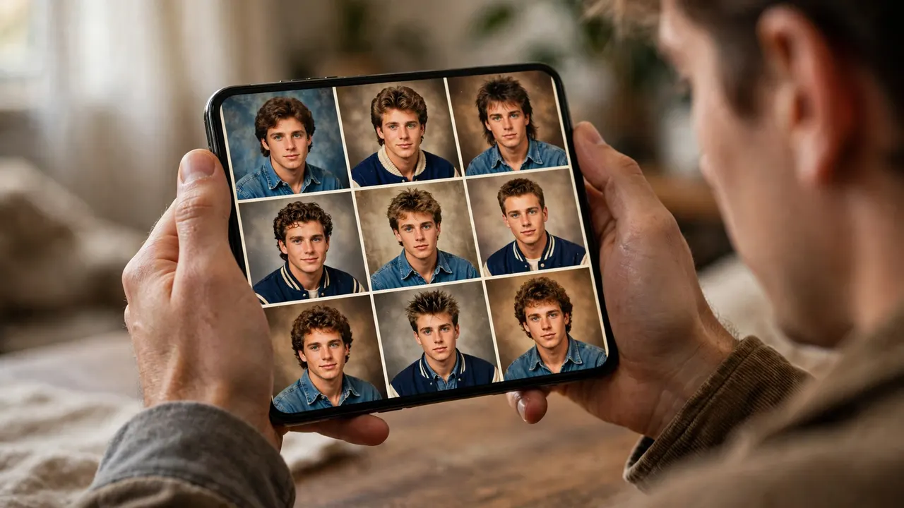 Finished Remini AI Yearbook portraits from several eras shown in a grid on a phone