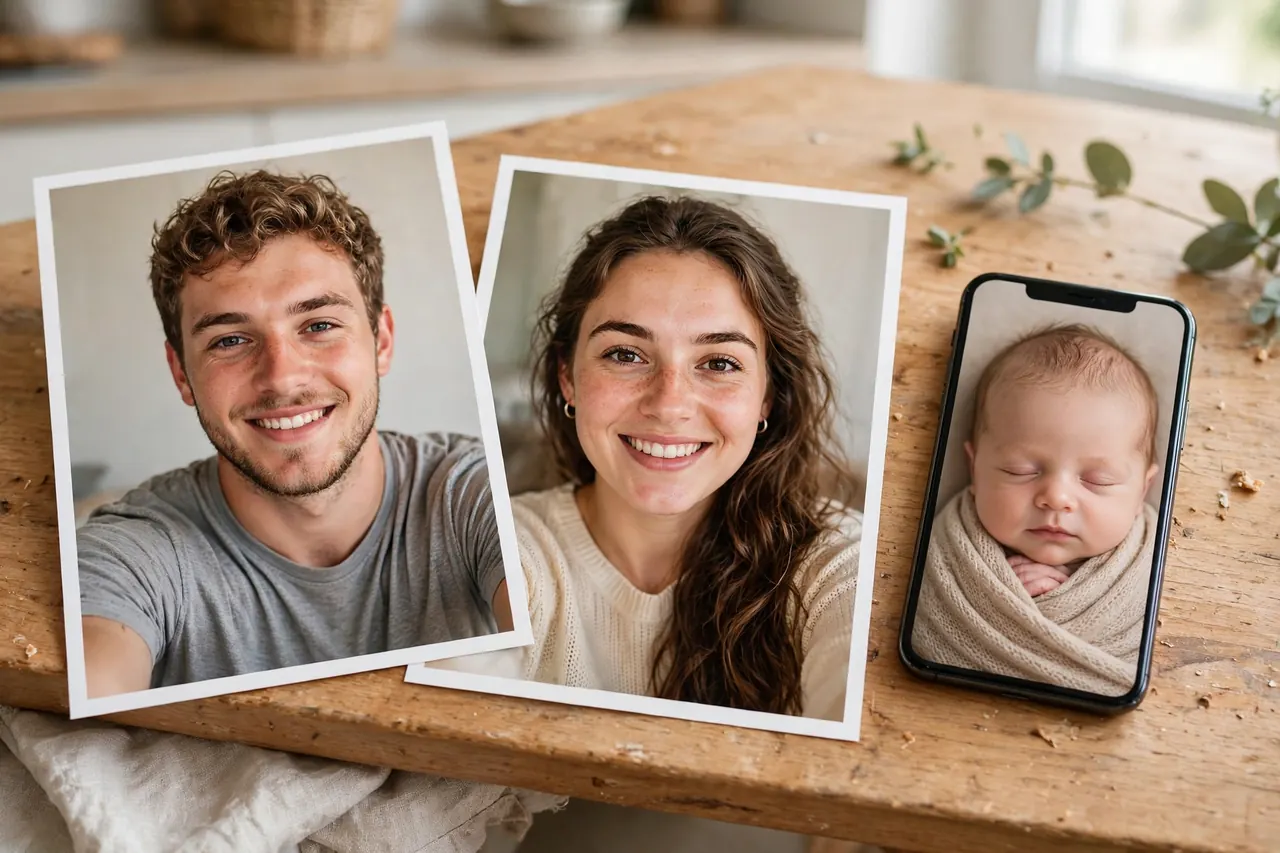 two clear parent selfies beside a realistic remini baby ai portrait in a worked example