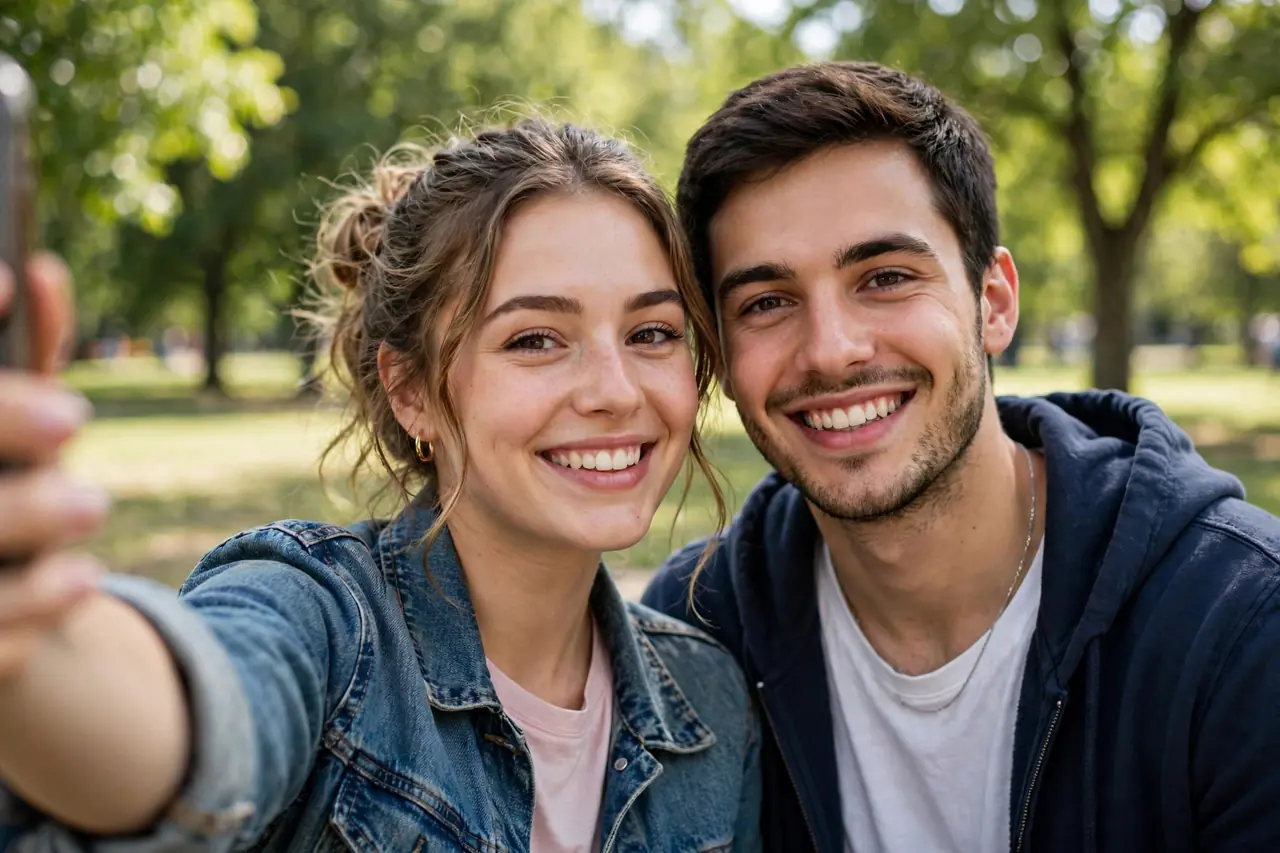 Couple taking a selfie for Remini Baby AI photo upload