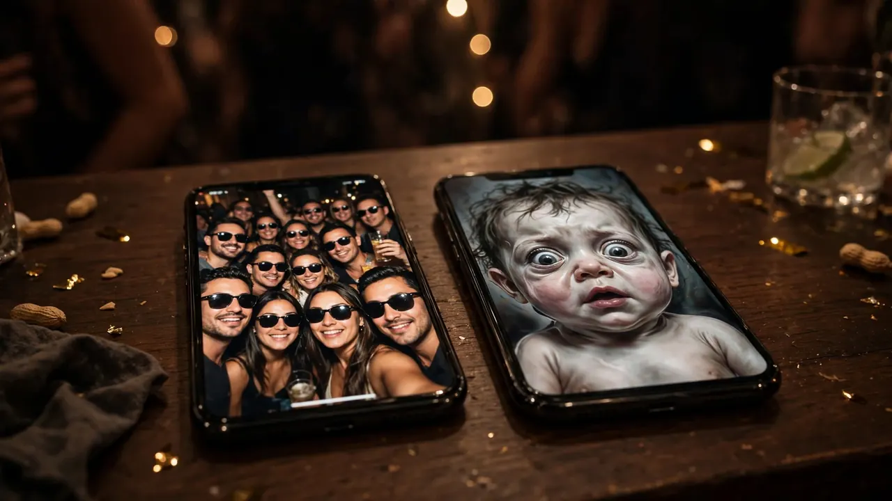 a group party photo and a distorted remini baby ai result showing what poor inputs produce