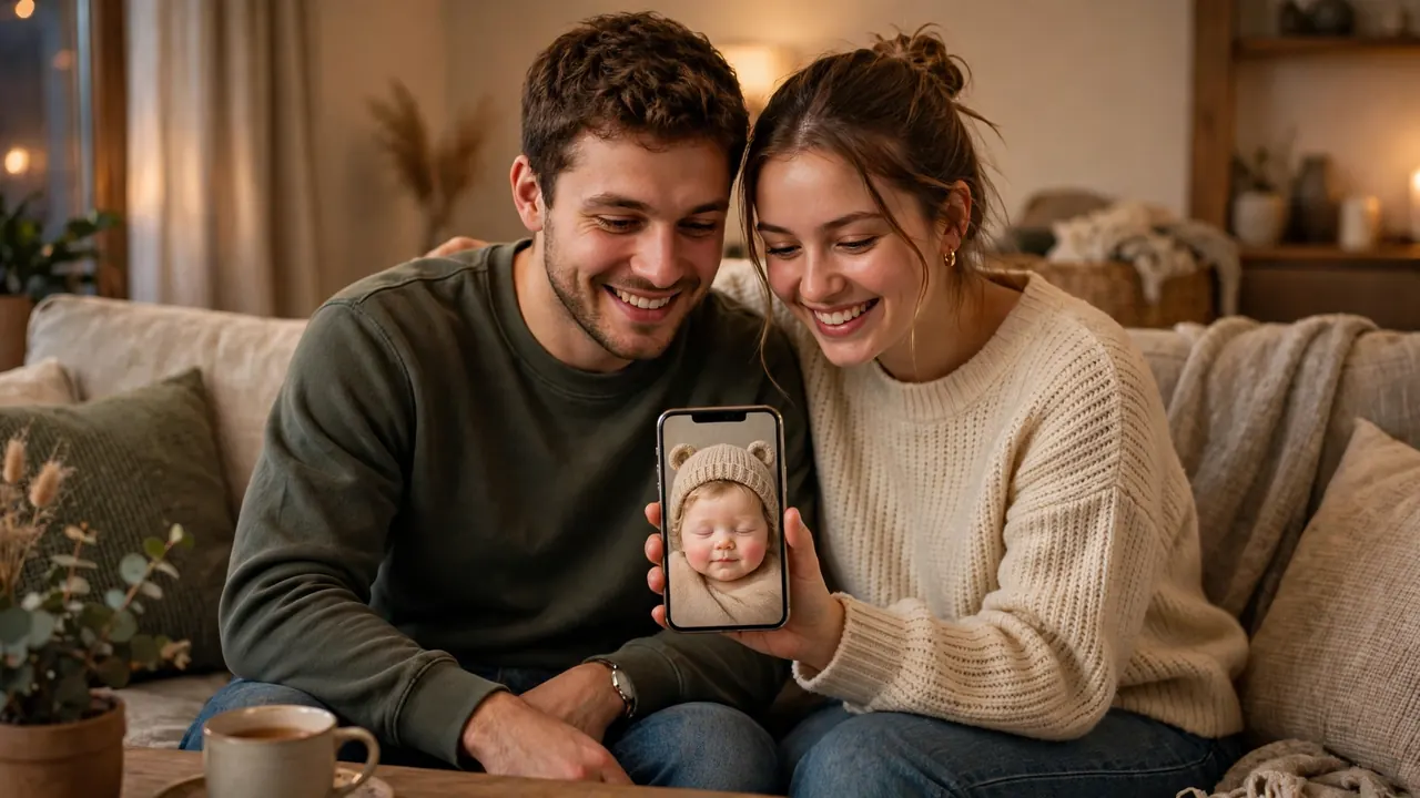 a couple saving and sharing their favourite remini baby ai portrait on a phone at home