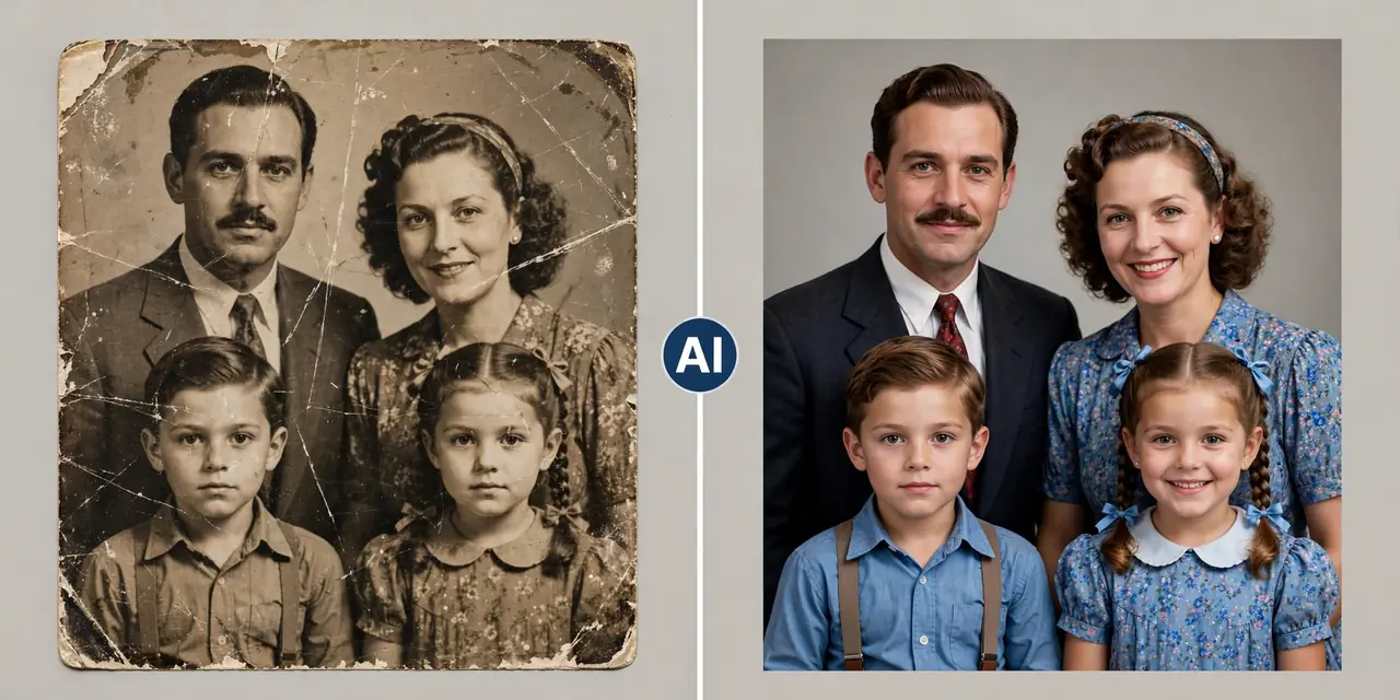Before and after photo restoration with Remini Mod APK — vintage portrait repaired by AI