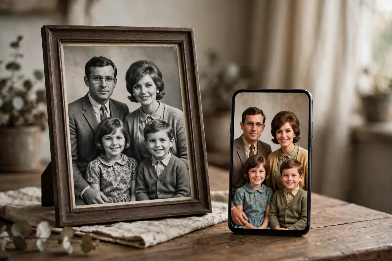 A 1960s family portrait beside its remini colorize version with warm skin tones