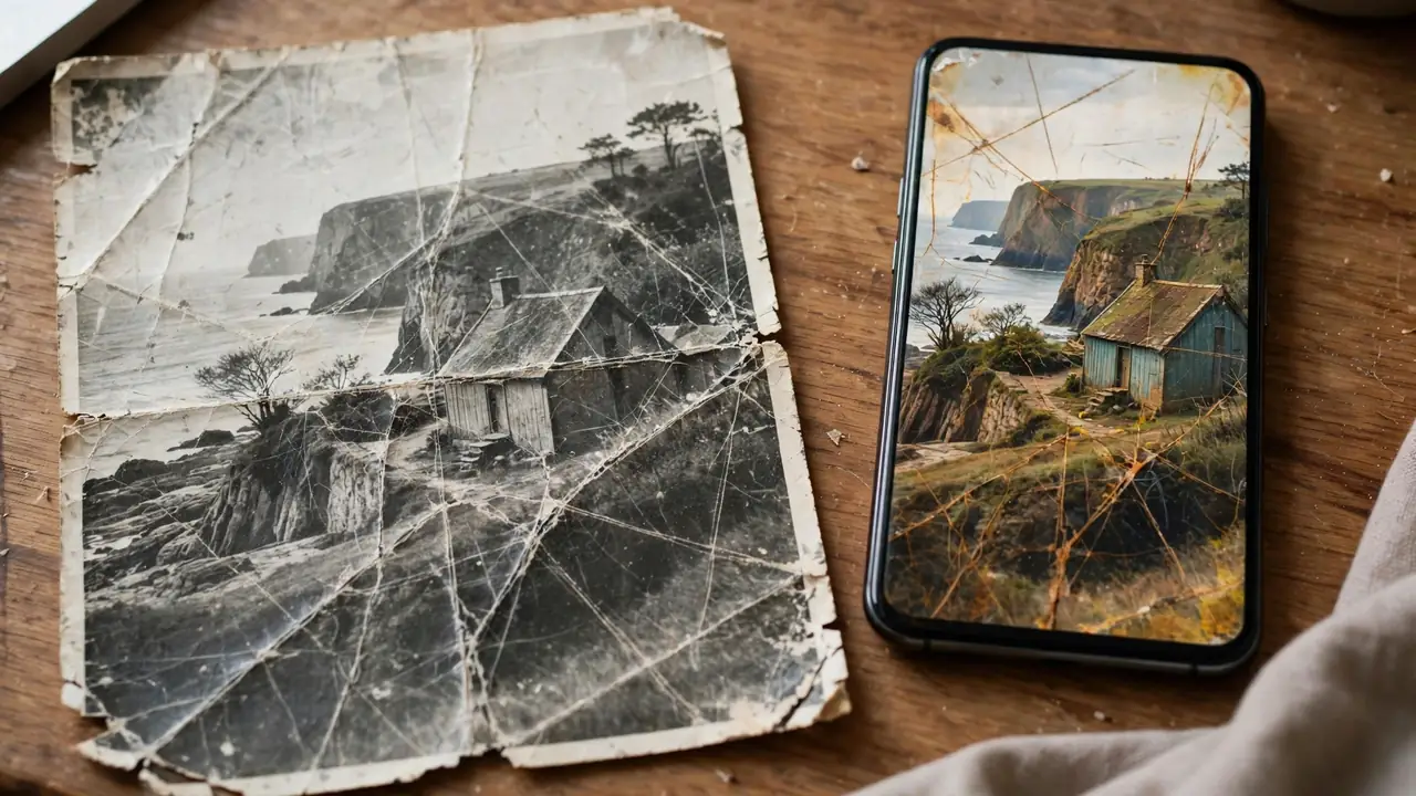 A damaged old scan before and after remini colorize coloured the scratches and fading
