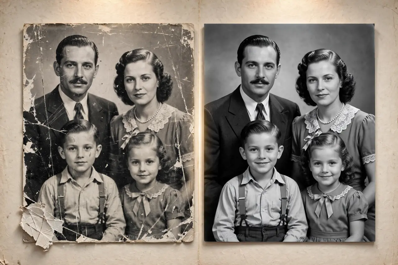 Old photo restoration with Remini Mod APK — scratched vintage portrait restored to sharp HD quality