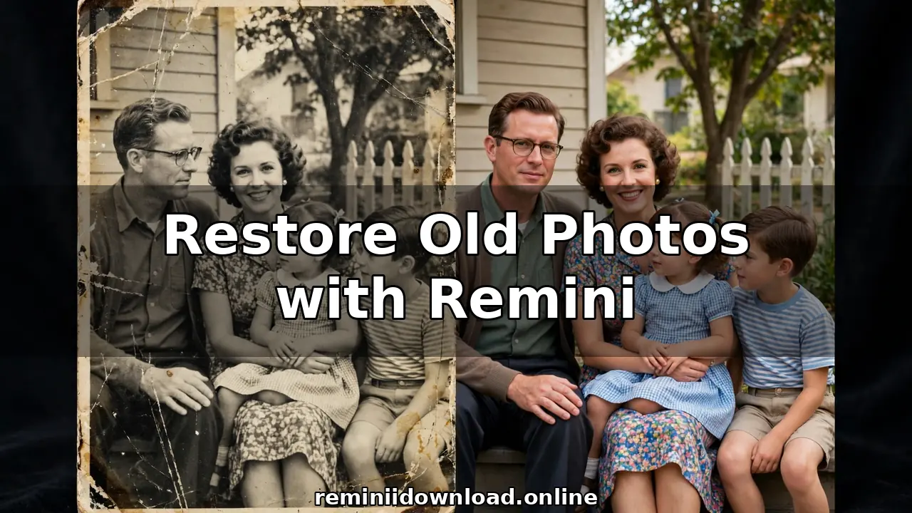 Restore old photos with Remini – split before-and-after of a faded family photo restored to full color