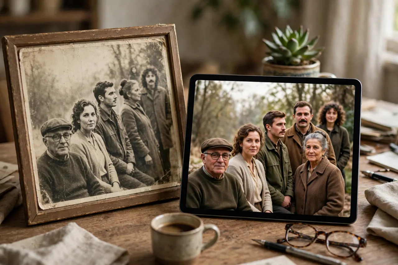 Group photo with six faces at different distances when you restore old photos with remini for a family gathering print