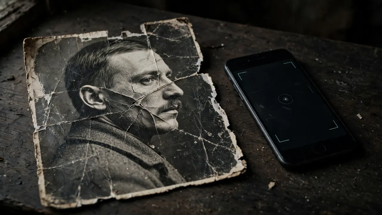 Torn black-and-white portrait with a crease through one cheek, used to restore old photos with remini and test its limits