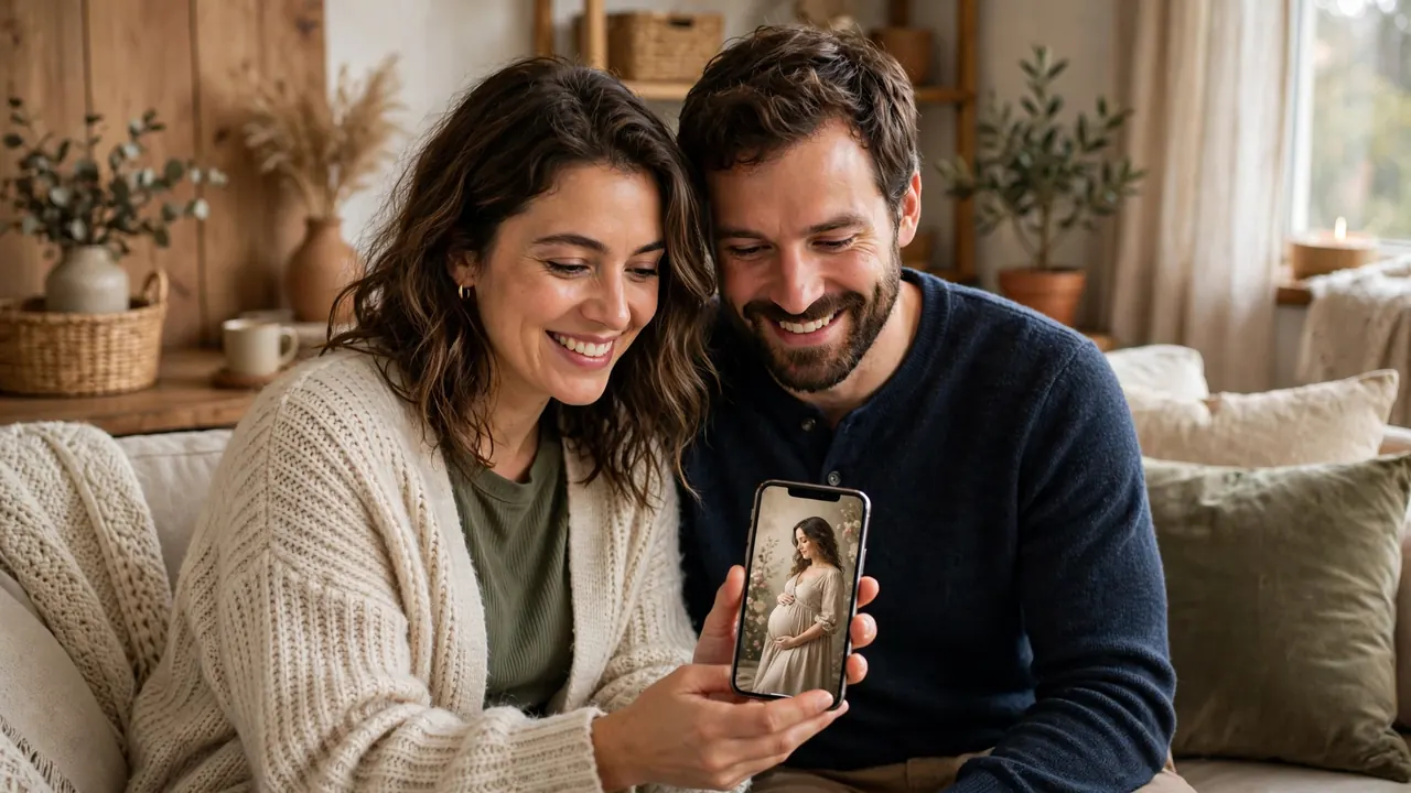 Couple viewing a remini pregnancy ai maternity portrait on a phone at home
