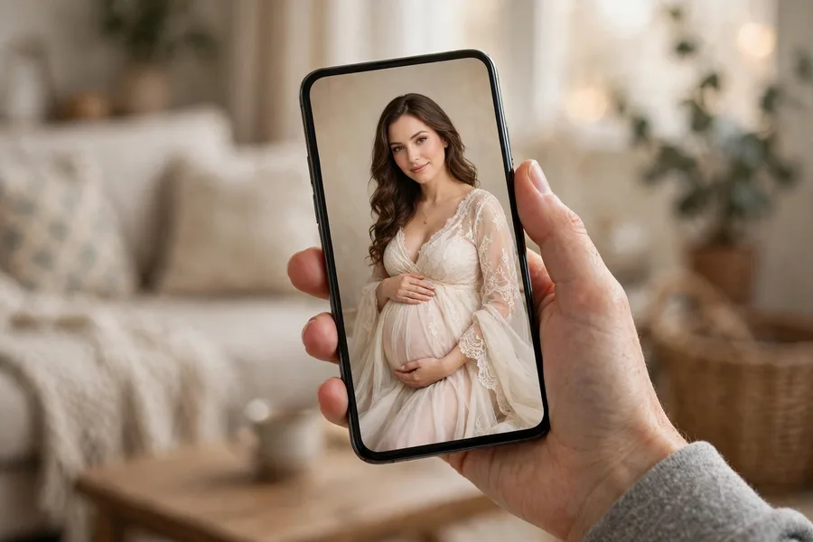 remini pregnancy ai app preview — AI-generated maternity portrait on a smartphone