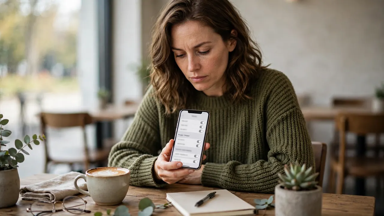 Woman reviewing photo app settings on her phone — remini pregnancy ai privacy check