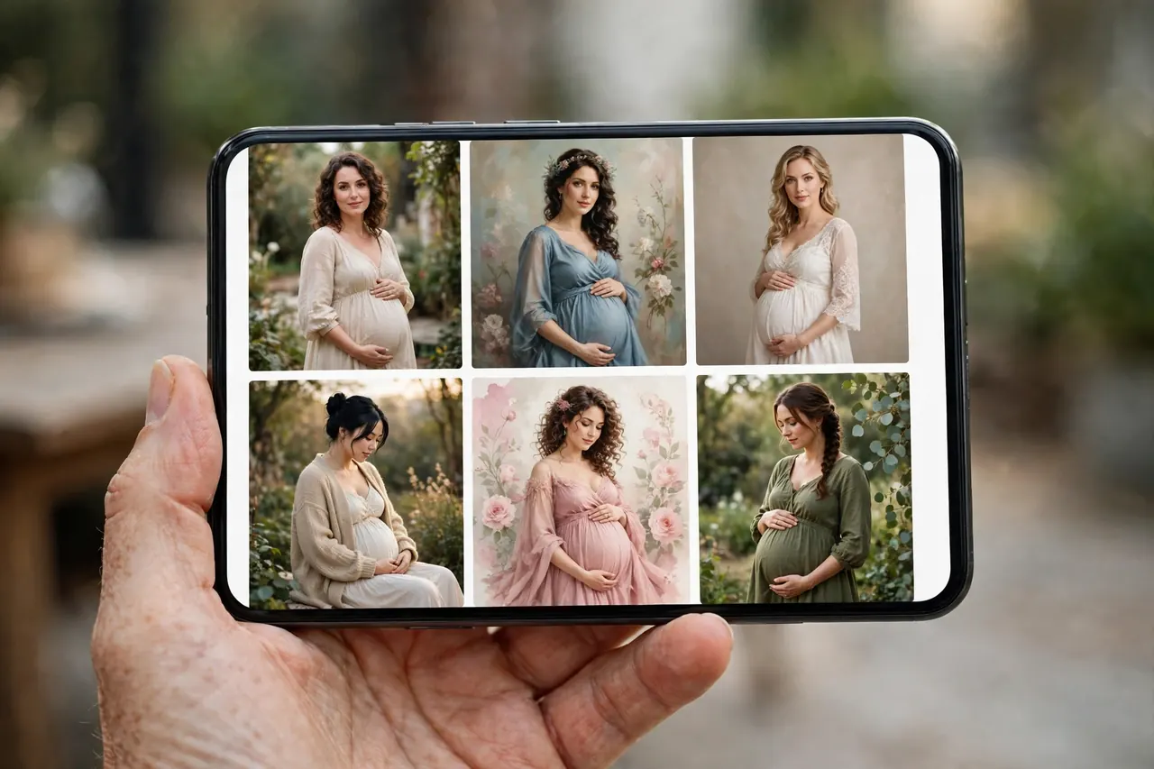 A gallery of remini pregnancy ai maternity styles on a smartphone screen