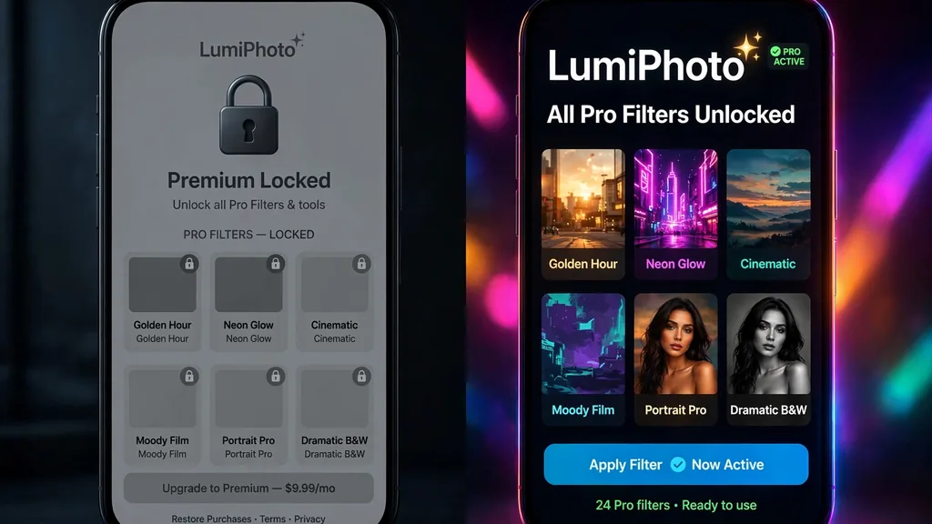 Remini premium unlocked features — locked paywall vs unlocked premium interface