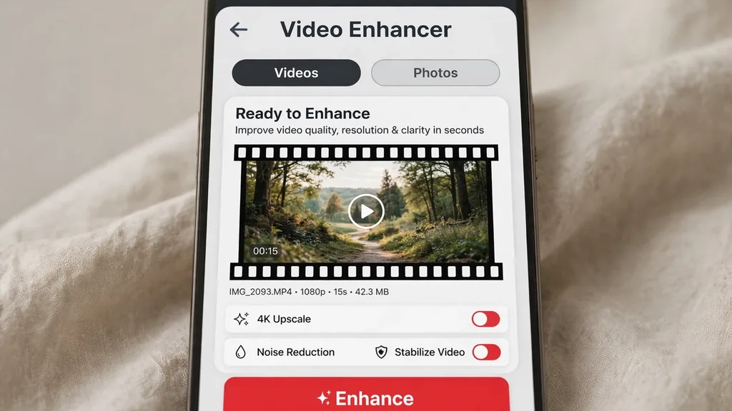 How to enhance videos with Remini on the mobile app — step-by-step video enhance screens