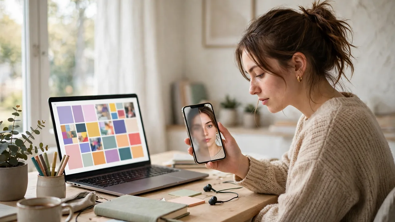 Creator enhancing a blurry portrait on her phone during a remini vs adobe express quick enhancement workflow