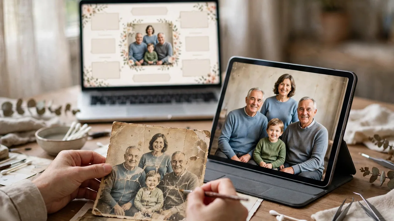 Restored family photo moving into an invitation design in a remini vs adobe express restore-to-post workflow