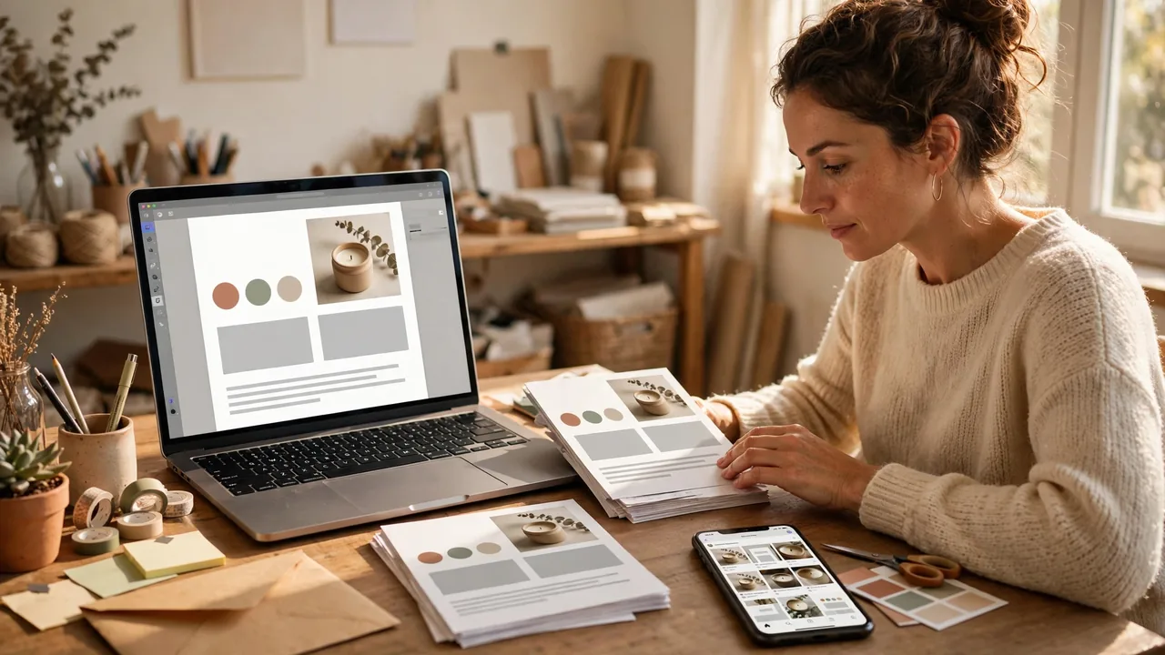 Small business owner building a branded social post in a remini vs adobe express comparison for sellers and creators