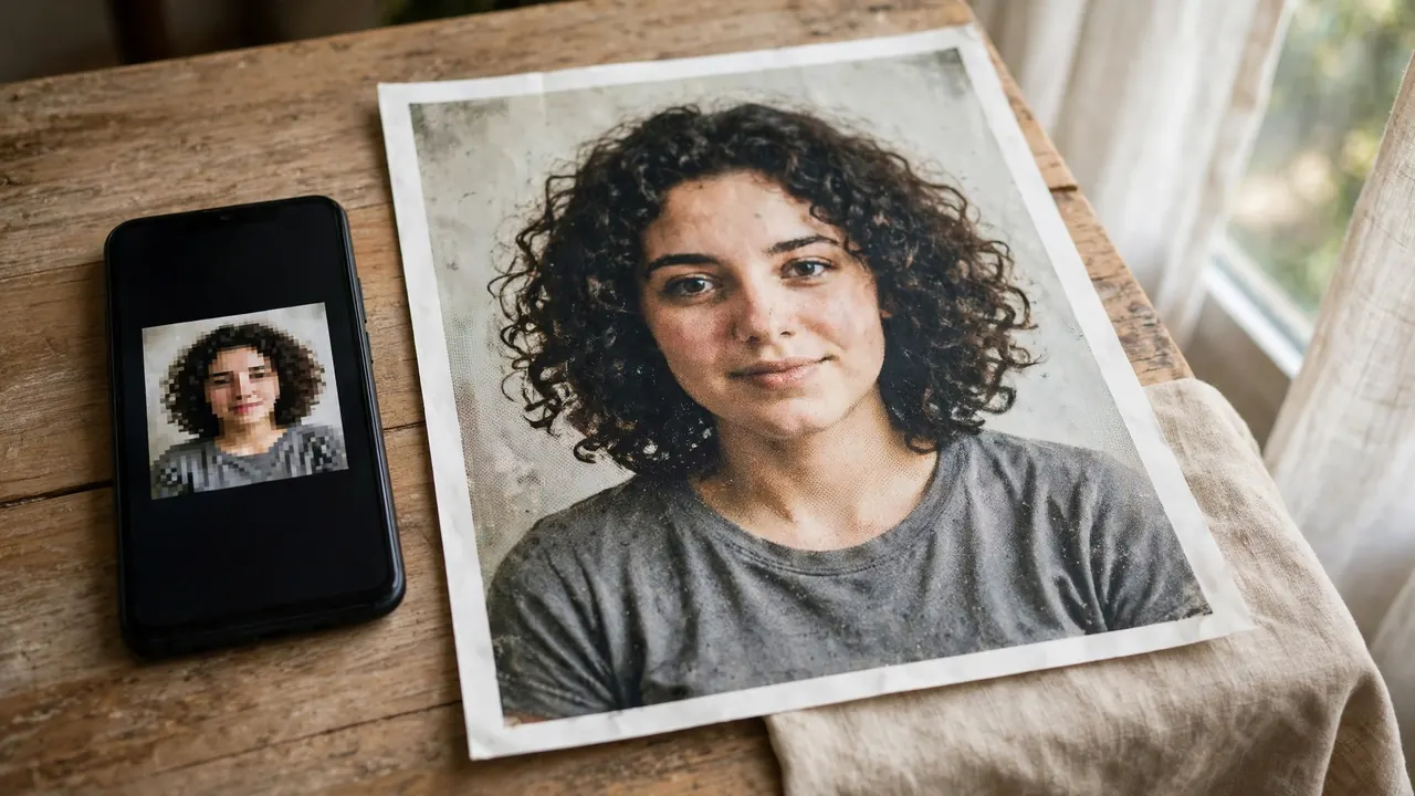 Print upscaling test with a small low-resolution portrait printed beside its enlarged version — remini vs canva comparison