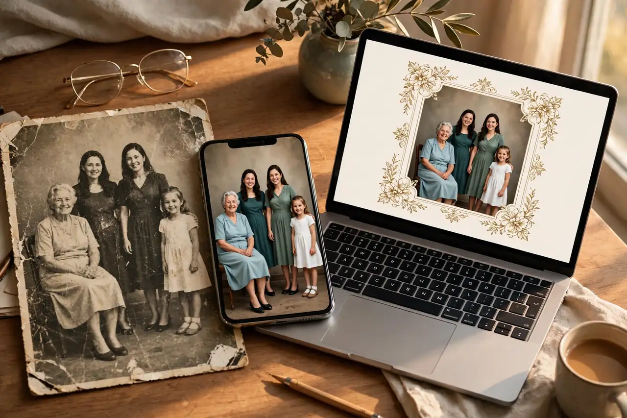 Restore to design workflow with a restored family photo placed into an invitation on a laptop — remini vs canva comparison