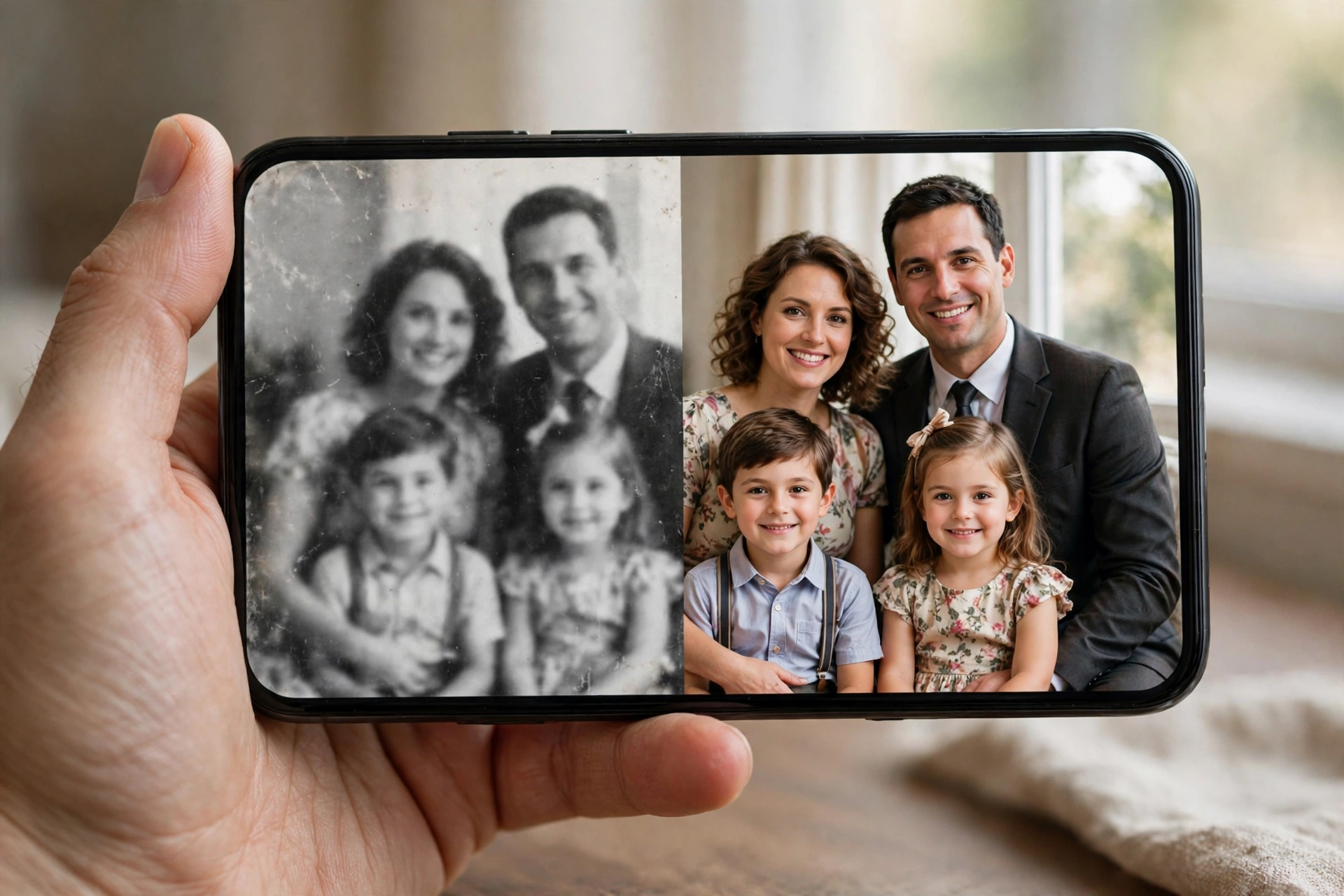 Old family photo restored to HD with AI — remini vs faceapp comparison