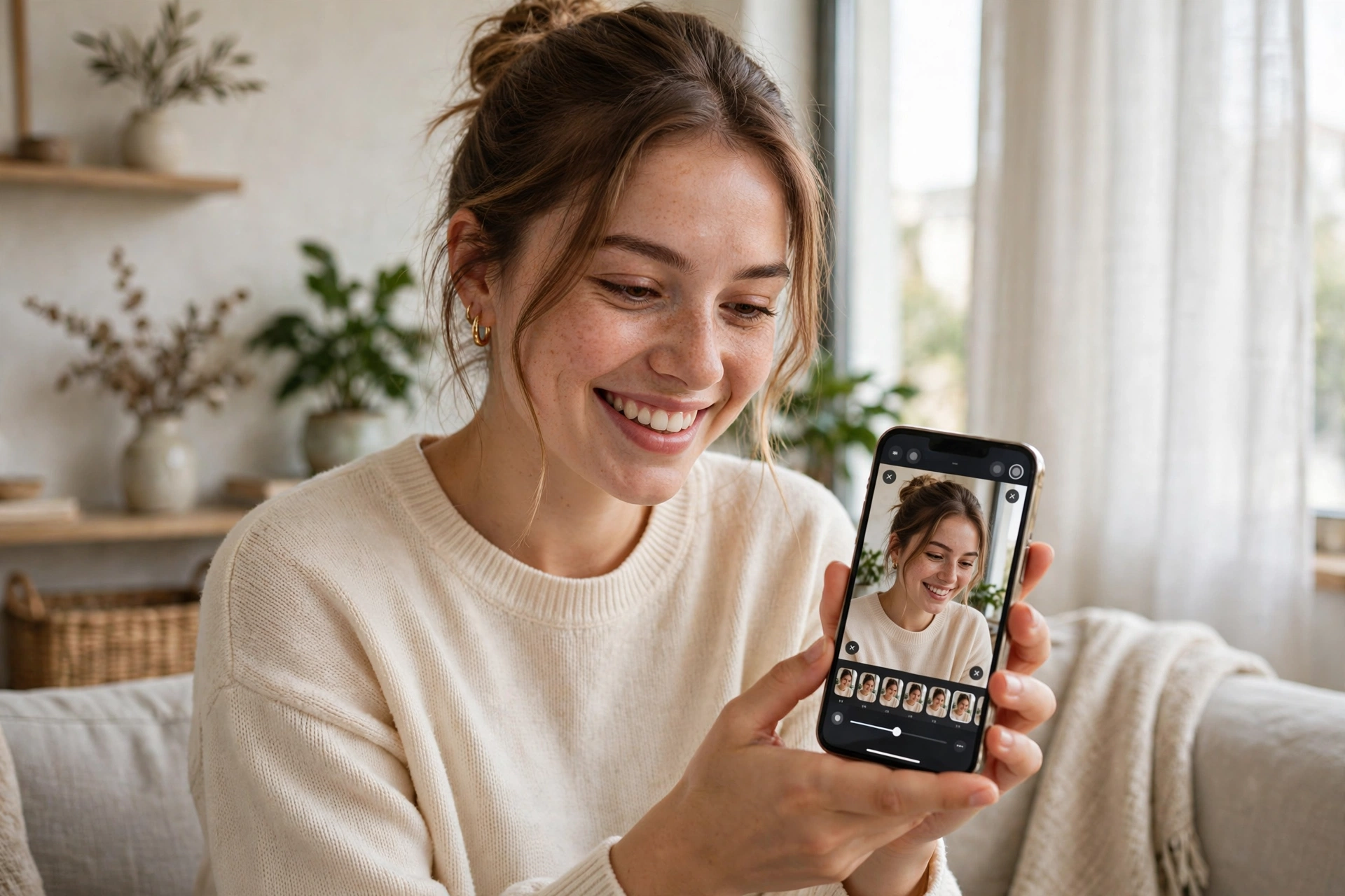 Editing a selfie with retouching filters on smartphone — remini vs faceapp comparison