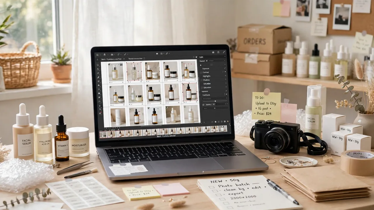 Remini vs Fotor batch editing compared on a laptop grid of product photos