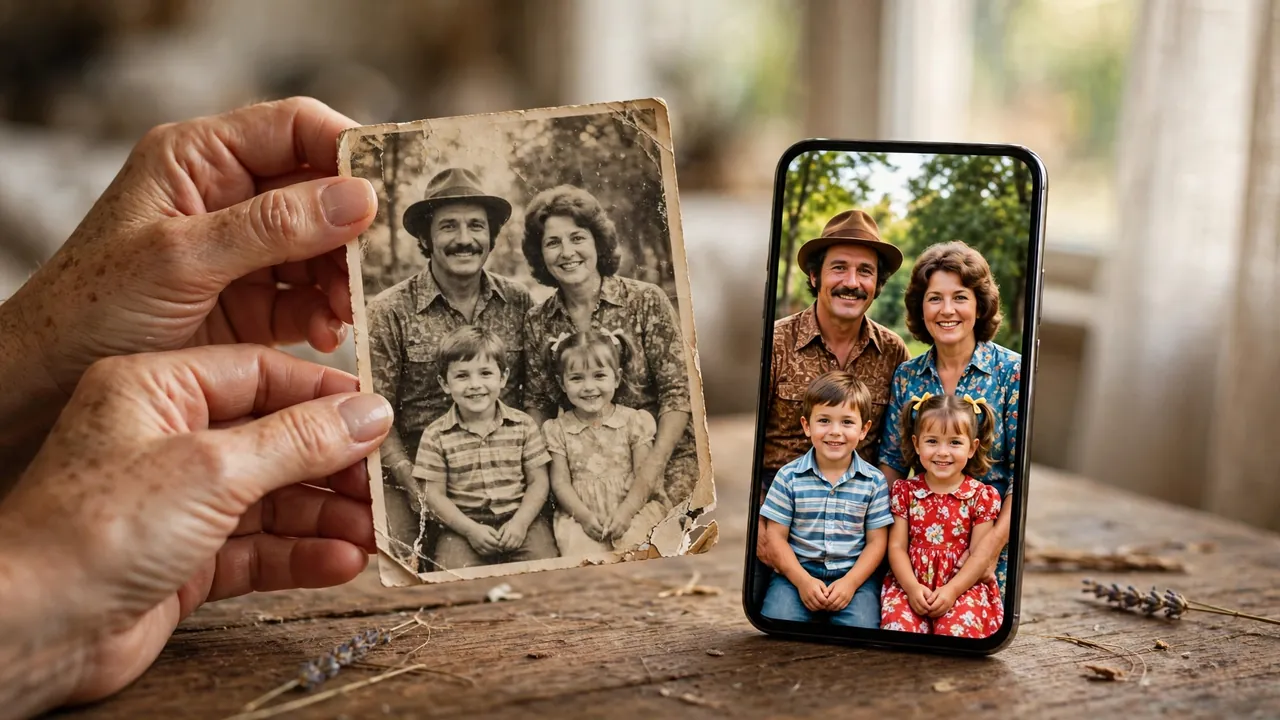 Remini vs Fotor old photo restoration test with a faded family print beside its restored version on a phone