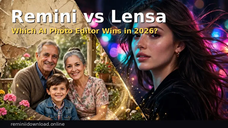 Remini vs Lensa comparison with a restored portrait and a stylized avatar on two phones