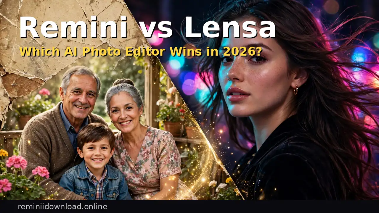 Remini vs Lensa comparison 2026 — photo restoration versus AI portrait editing