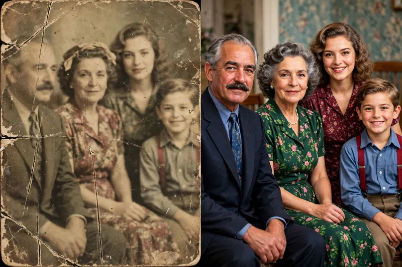 Remini vs Lensa photo restoration — faded damaged vintage photo restored to sharp full color