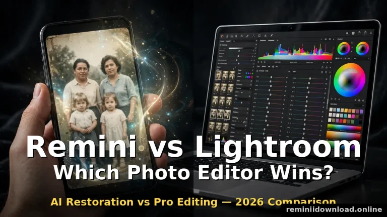 Remini vs Lightroom comparison with a restored portrait on a phone beside a professional editing workspace