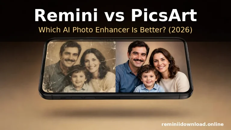 Remini vs PicsArt comparison with a restored portrait on a smartphone