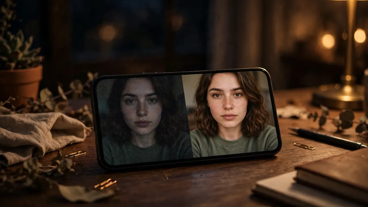 Remini vs polish blurry low-light selfie test with a soft portrait beside its sharpened version on a phone