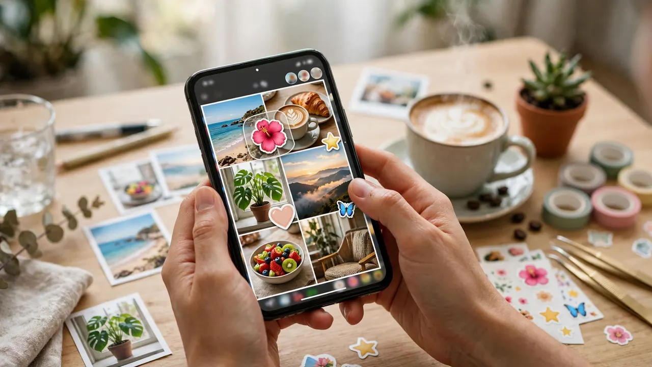 Remini vs polish collage and Instagram post test with a multi-photo grid being built on a phone