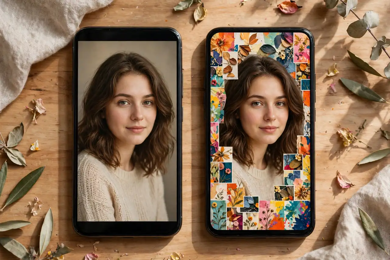 Remini vs polish two-phone workflow with one photo enhanced and then styled side by side