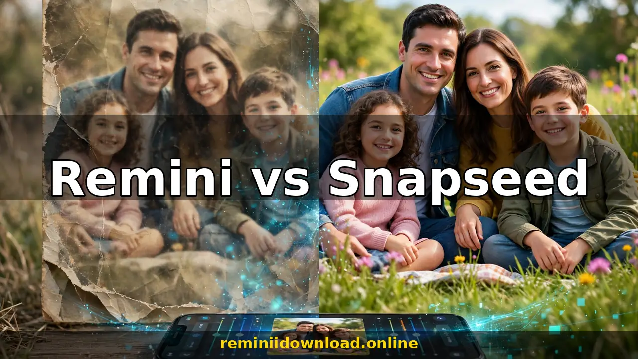 Remini vs Snapseed comparison — old blurry photo enhanced with AI vs manual editing