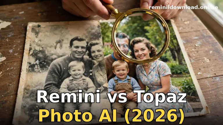 Remini vs Topaz comparison with a photo being enhanced on a phone and a desktop monitor